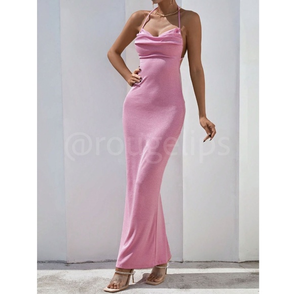 Glitter Lurex Pink Cowl Neck Backless Tie Straps Maxi Long Dress - Picture 4 of 10